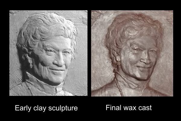 Comparison of early clay sculpture and final wax cast relief